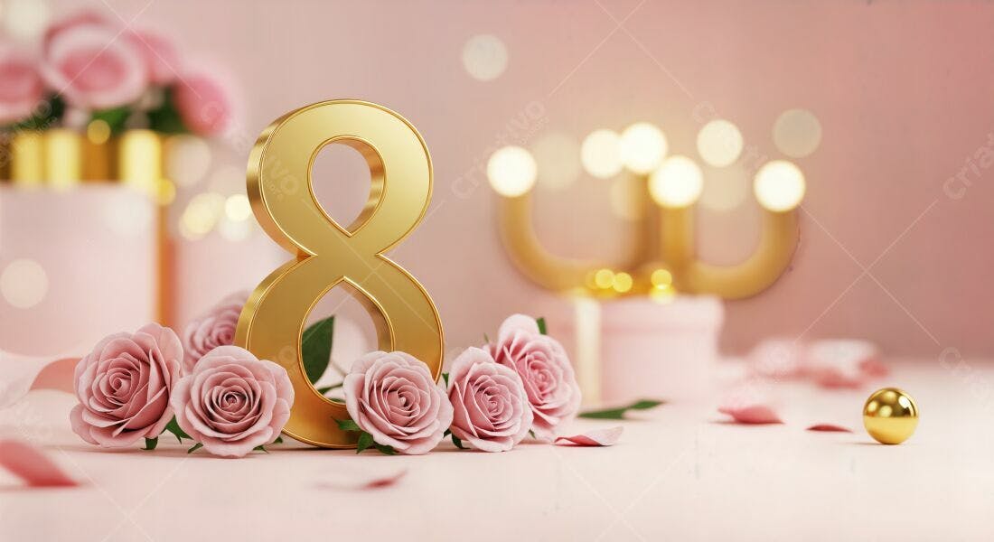 Número 8 dourado com rosas rosa Dia Internacional da Mulher