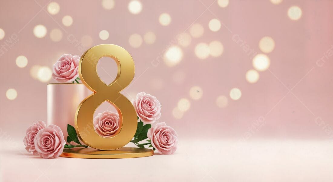 Número 8 dourado com rosas rosa Dia Internacional da Mulher