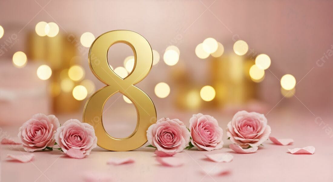 Número 8 dourado com rosas cor-de-rosa