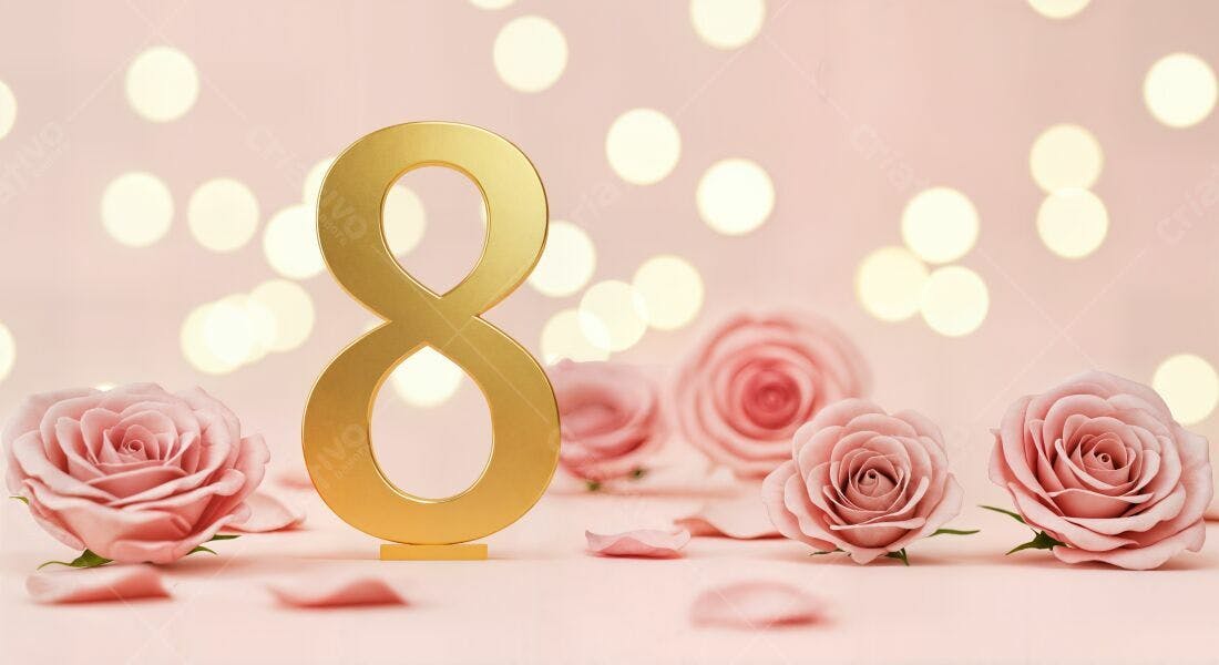 Número 8 dourado com rosas rosa