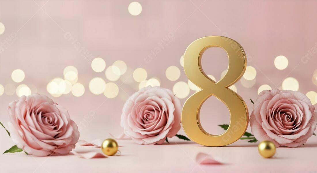 Número 8 dourado com rosas rosa Dia Internacional da Mulher
