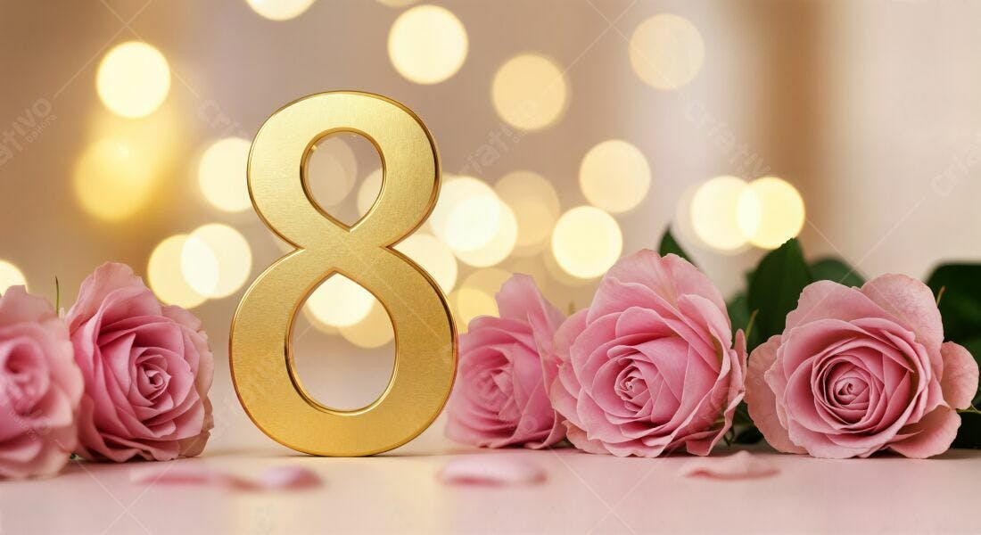 Número 8 dourado com rosas cor-de-rosa
