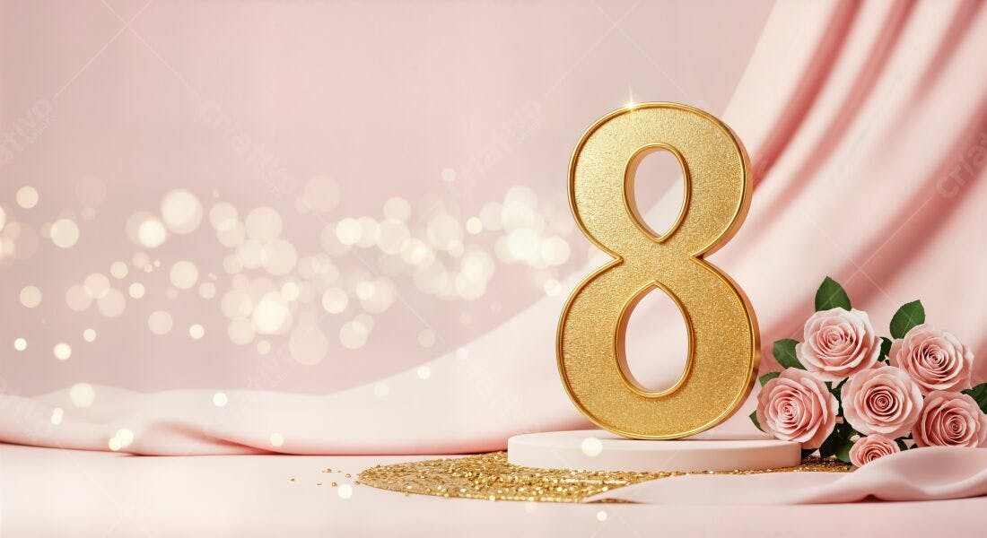 Número 8 dourado com rosas em fundo rosa