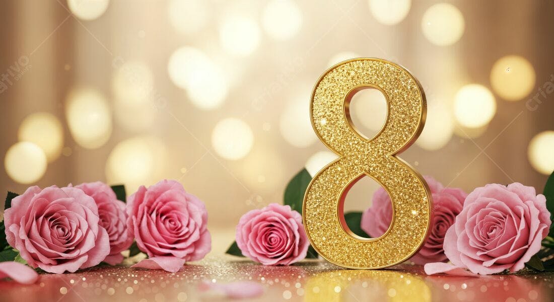 Número 8 dourado com rosas rosa Dia Internacional da Mulher