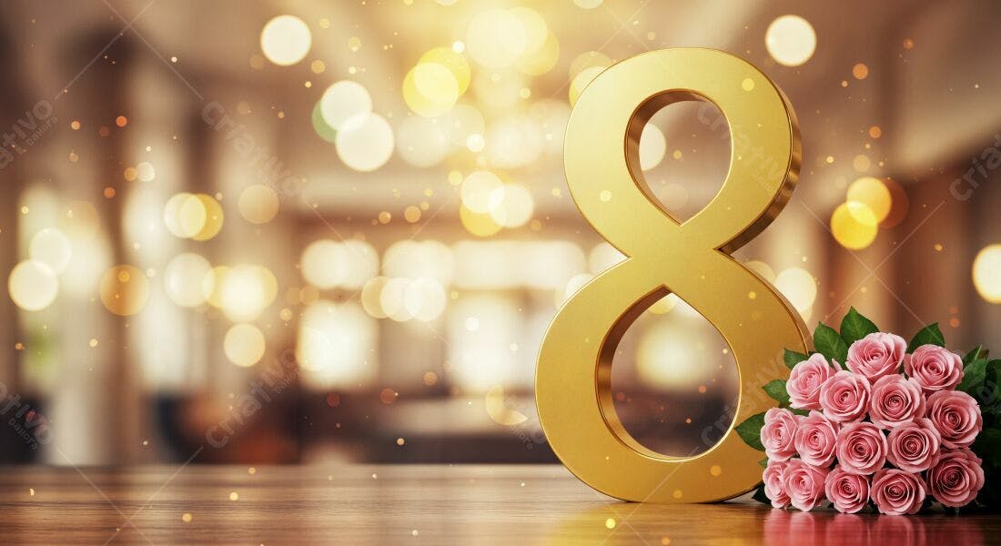 Número 8 dourado com rosas Dia da Mulher