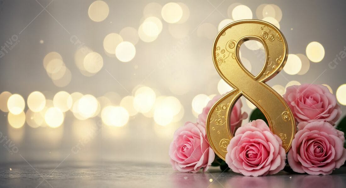Número 8 dourado com rosas cor-de-rosa