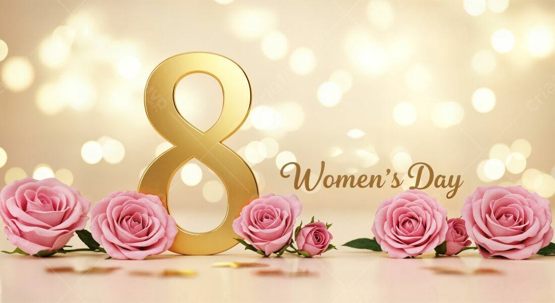 Número 8 dourado com rosas Dia Internacional da Mulher