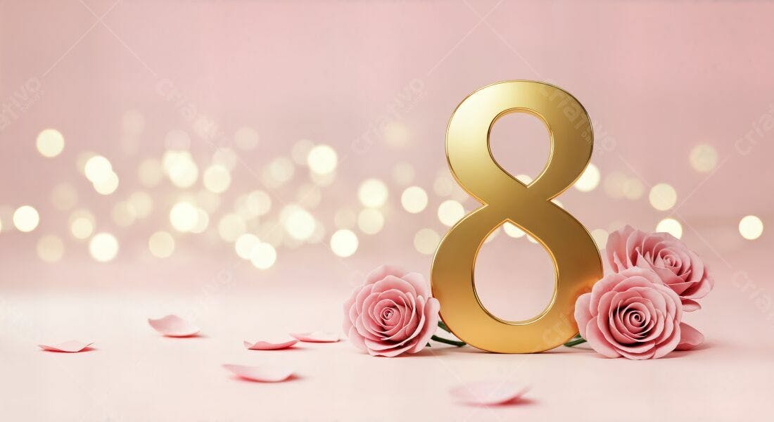 Número 8 dourado com rosas rosa
