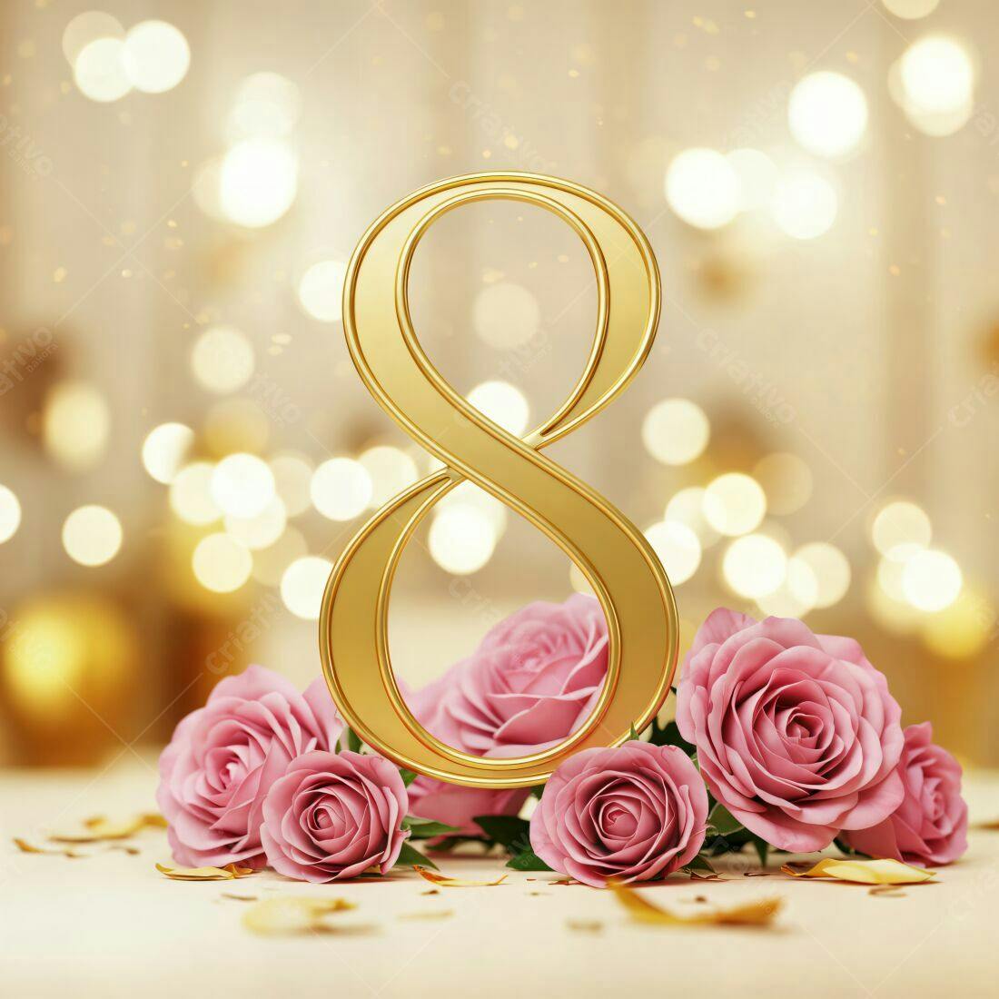 Número 8 dourado com rosas rosa Dia Internacional da Mulher