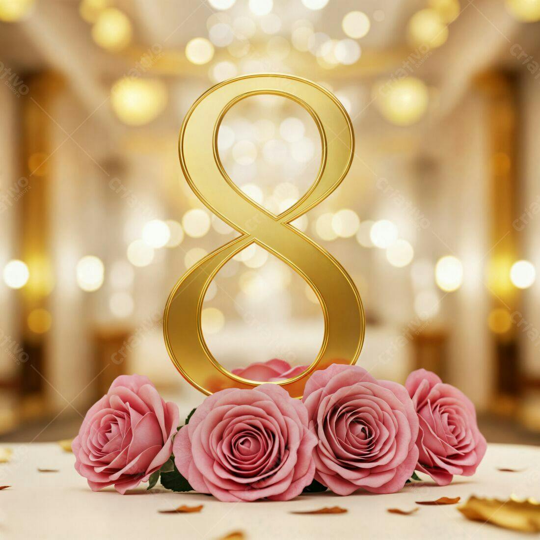Número 8 dourado com rosas rosa