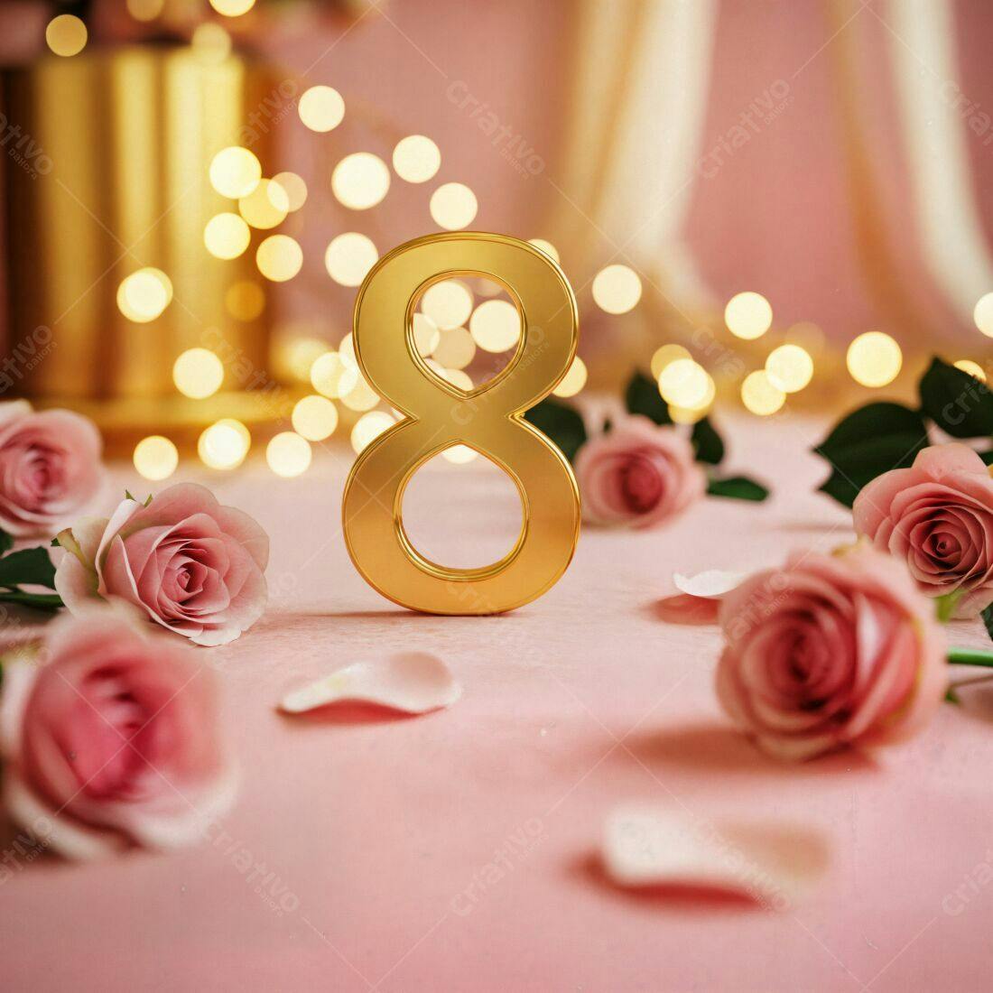 Número 8 dourado com rosas para o Dia Internacional da Mulher