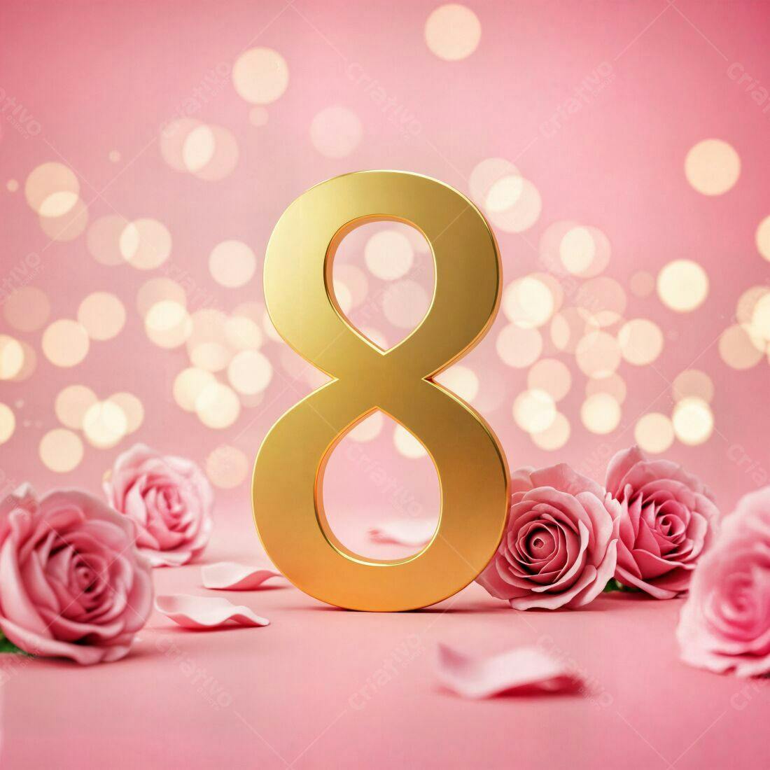 Número 8 dourado com rosas cor-de-rosa