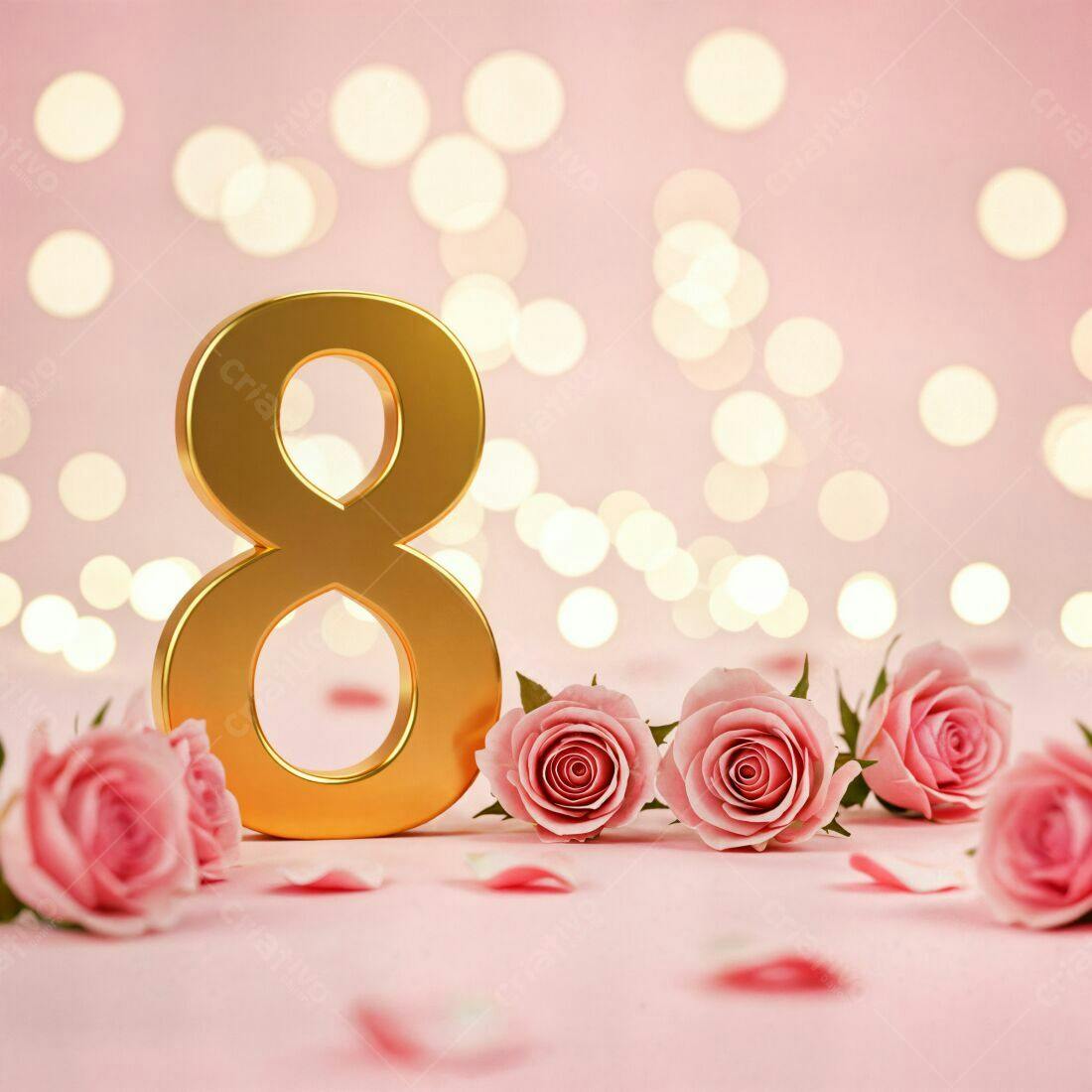 Número 8 dourado com rosas rosa Dia Internacional da Mulher