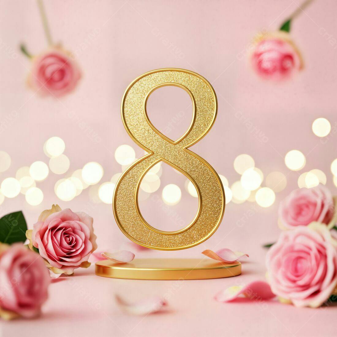 Número 8 dourado com rosas cor-de-rosa