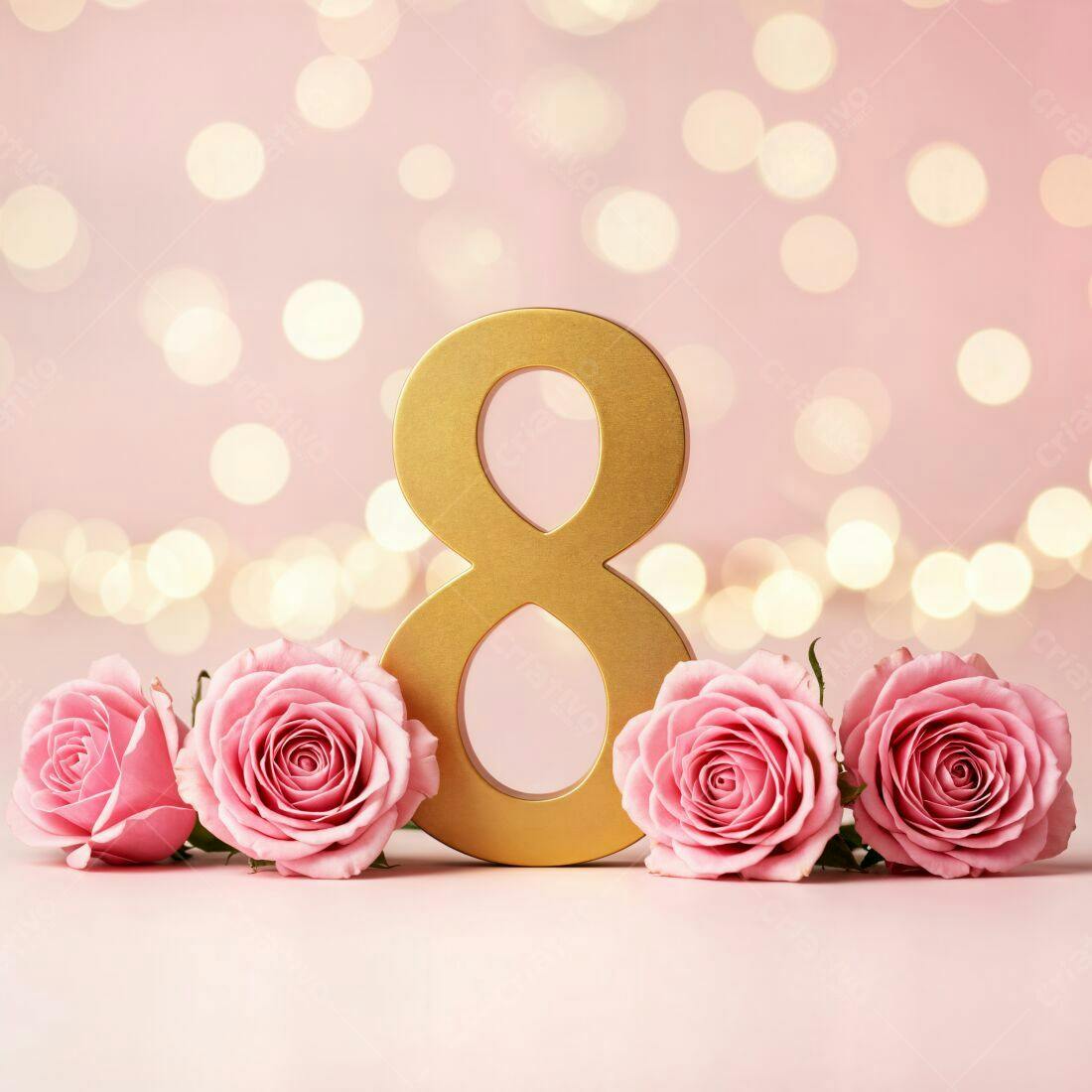Número 8 dourado com rosas rosa Dia Internacional da Mulher