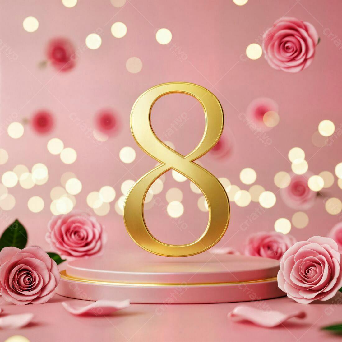 Número 8 dourado com rosas rosa