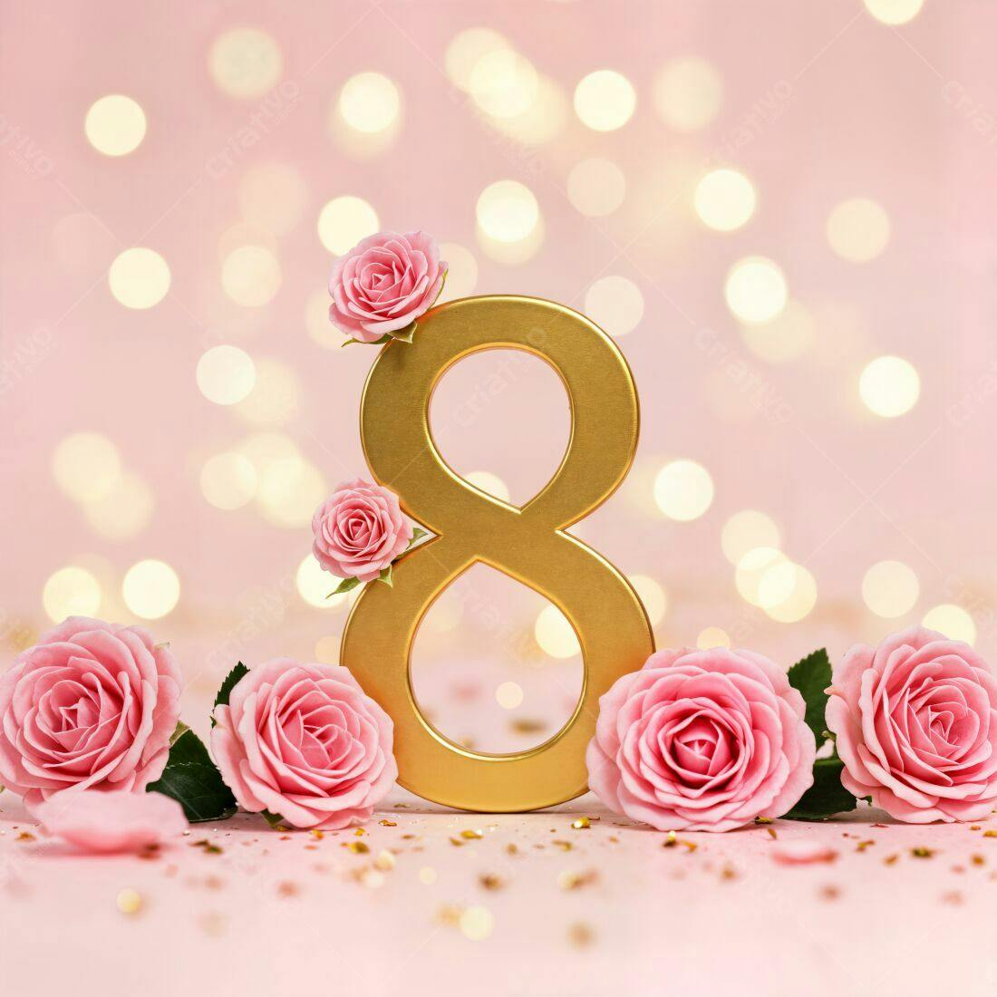 Número 8 dourado com rosas cor-de-rosa