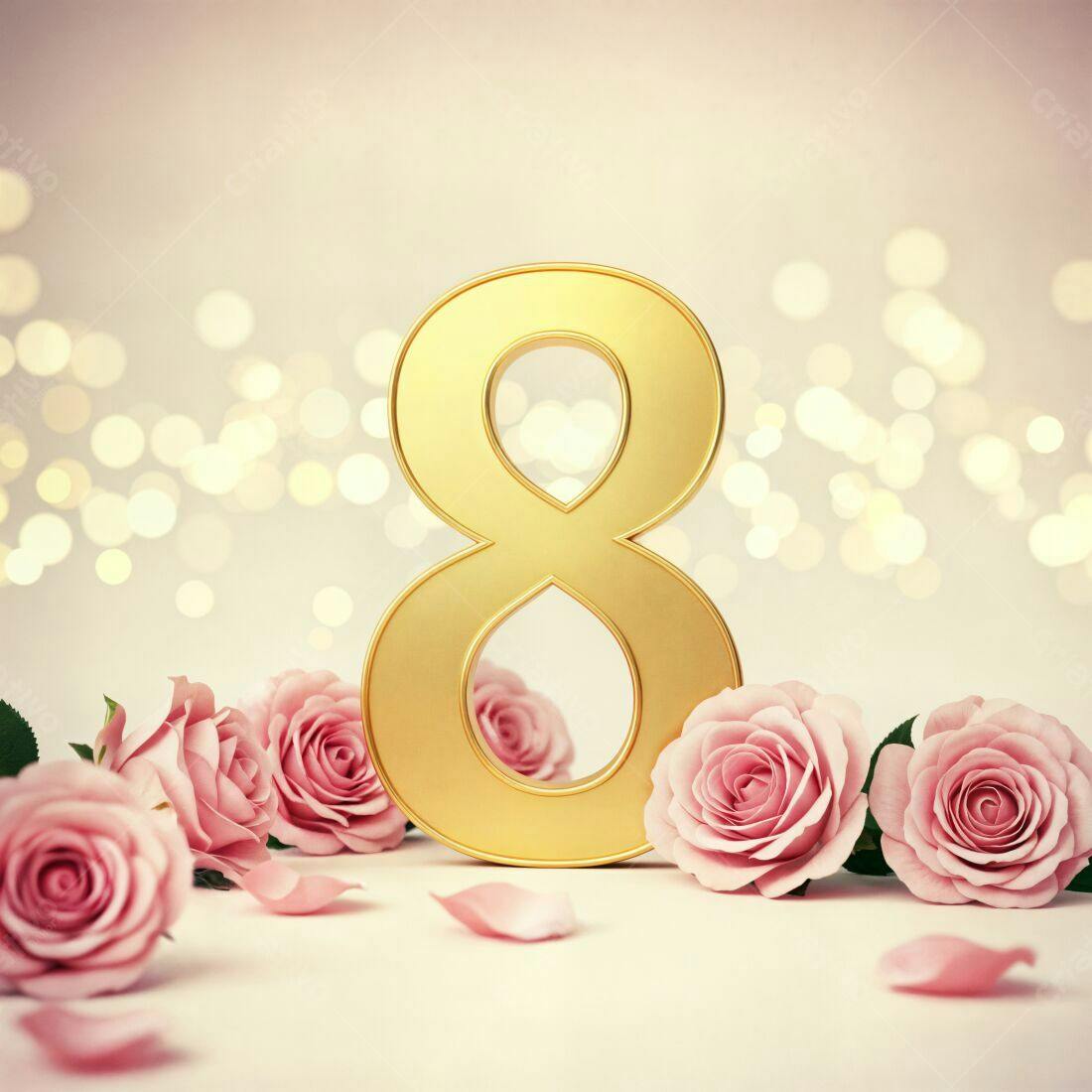 Número 8 dourado com rosas cor-de-rosa Dia Internacional da Mulher
