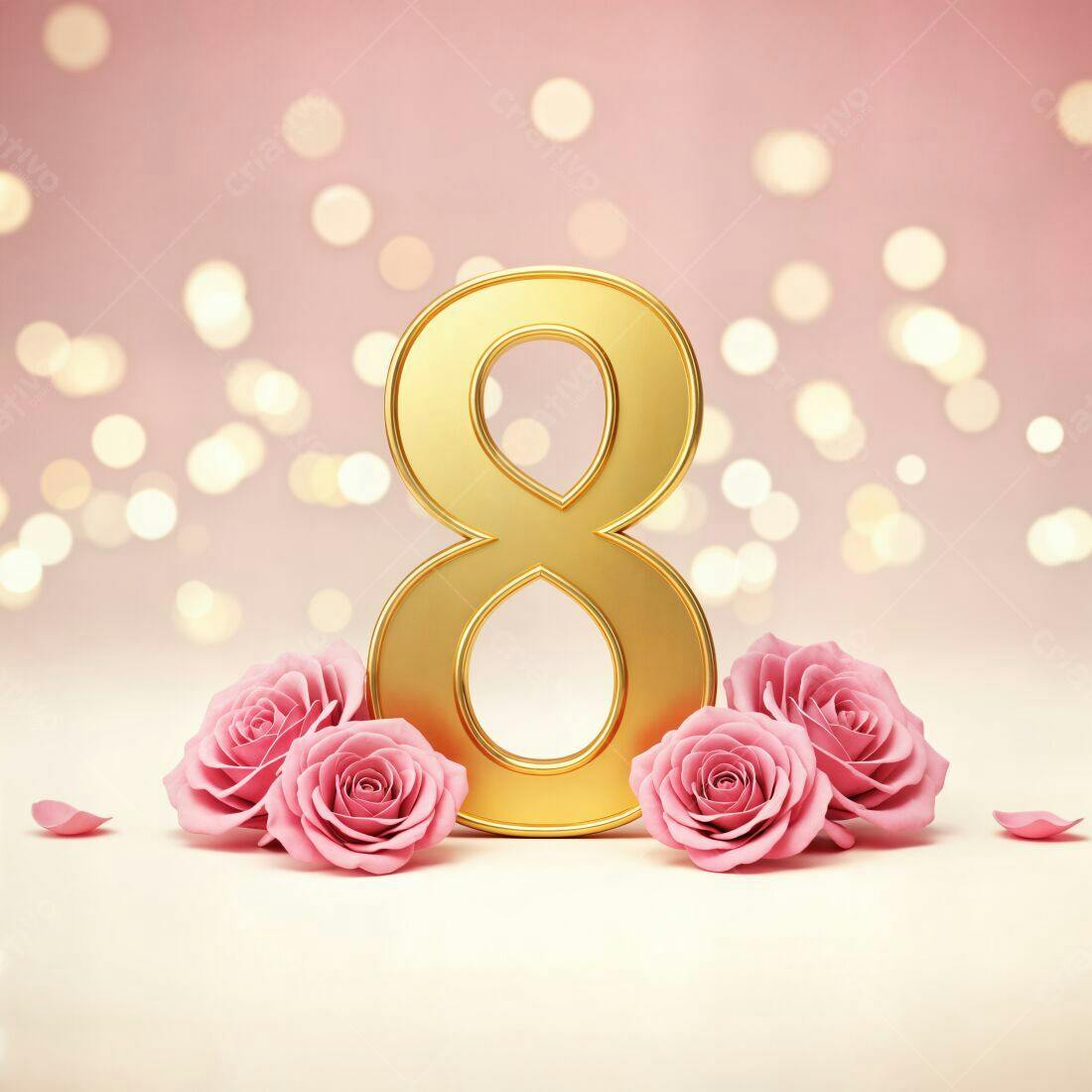 Número 8 dourado com rosas rosa Dia Internacional da Mulher