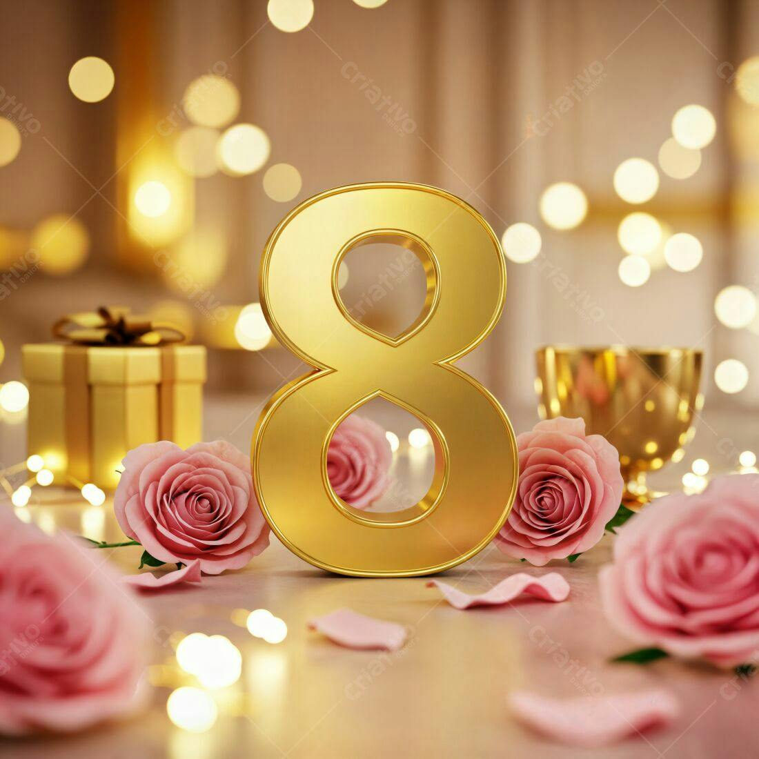 Número oito dourado com rosas e presentes Dia Internacional da Mulher