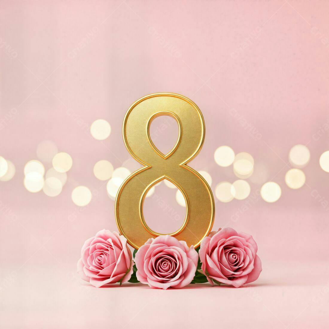 Número 8 dourado com rosas rosa Dia Internacional da Mulher