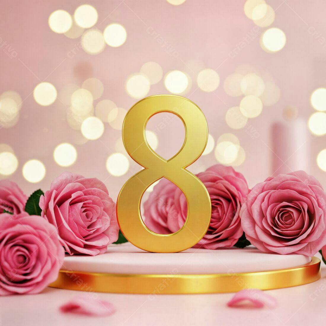 Número 8 dourado com rosas cor-de-rosa