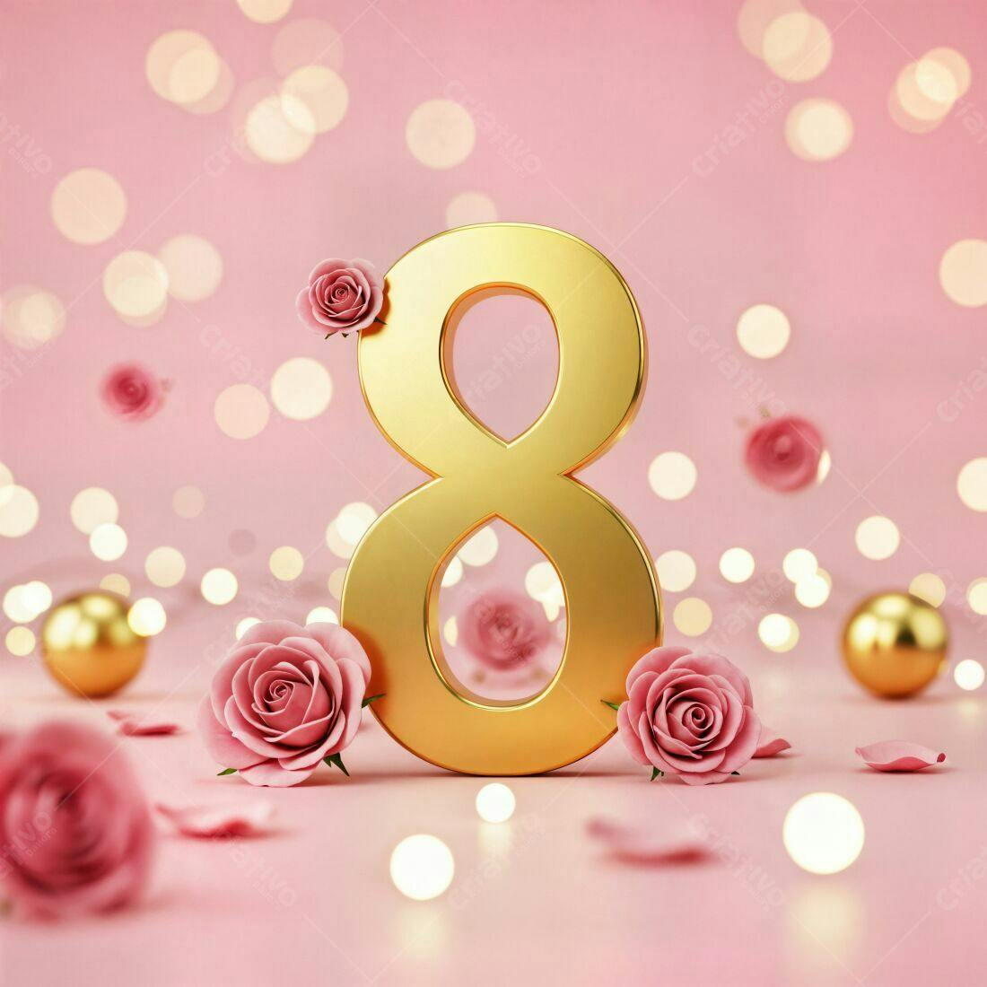 Número 8 dourado com rosas para o Dia Internacional da Mulher