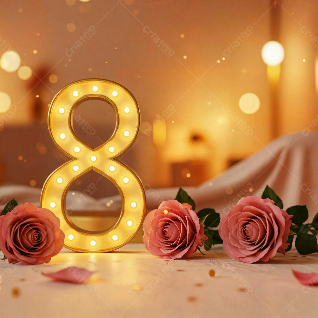Número 8 iluminado com rosas rosa para o Dia da Mulher