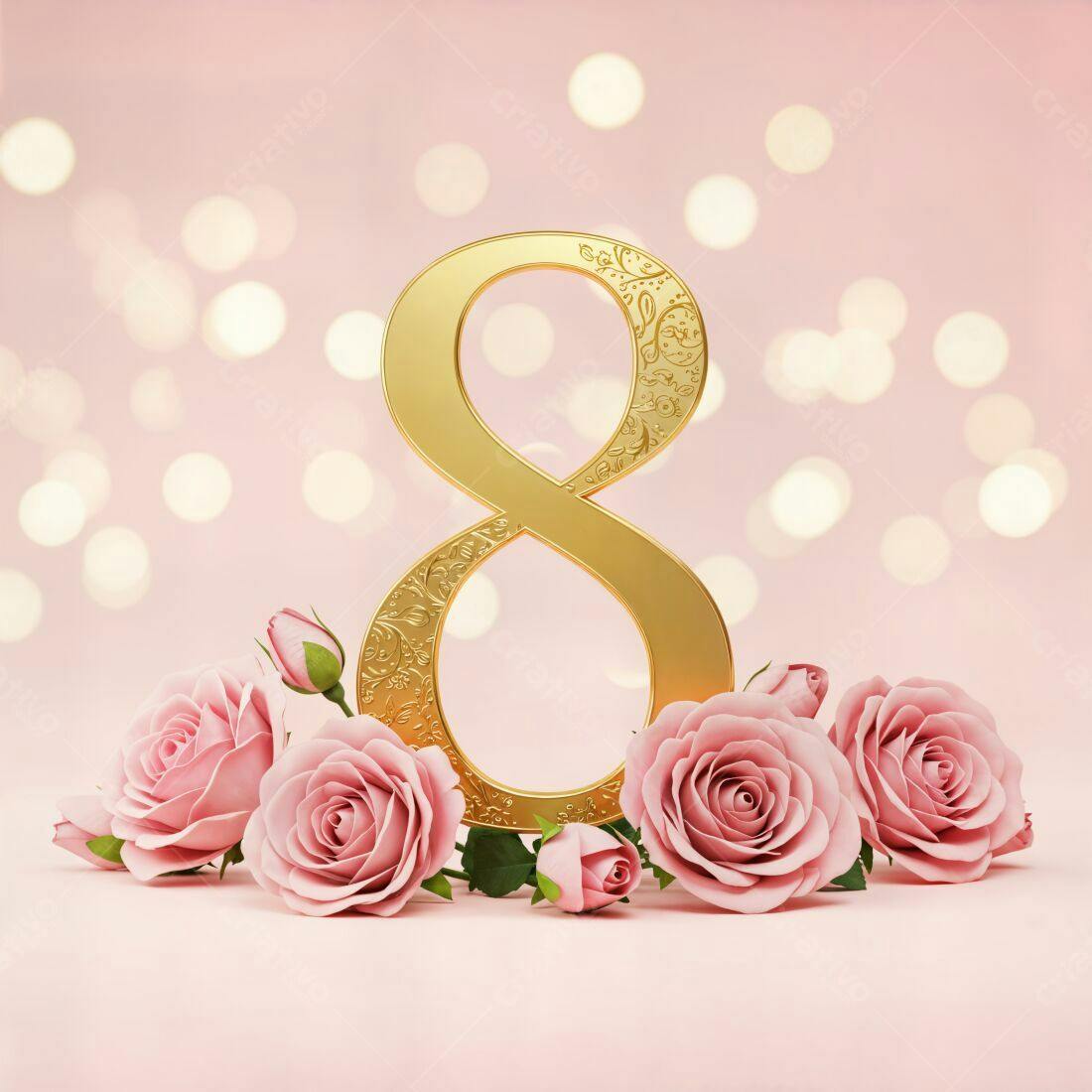 Número 8 dourado com rosas para o Dia Internacional da Mulher