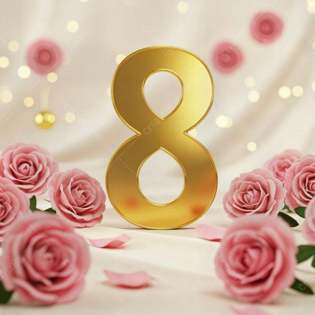 Número 8 dourado com rosas cor-de-rosa