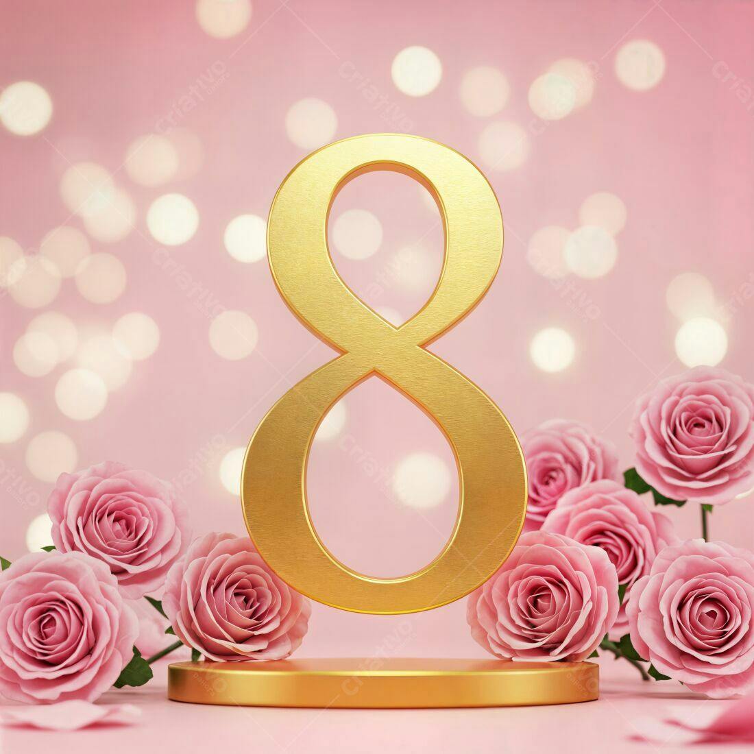 Número 8 dourado com rosas pink Dia Internacional da Mulher
