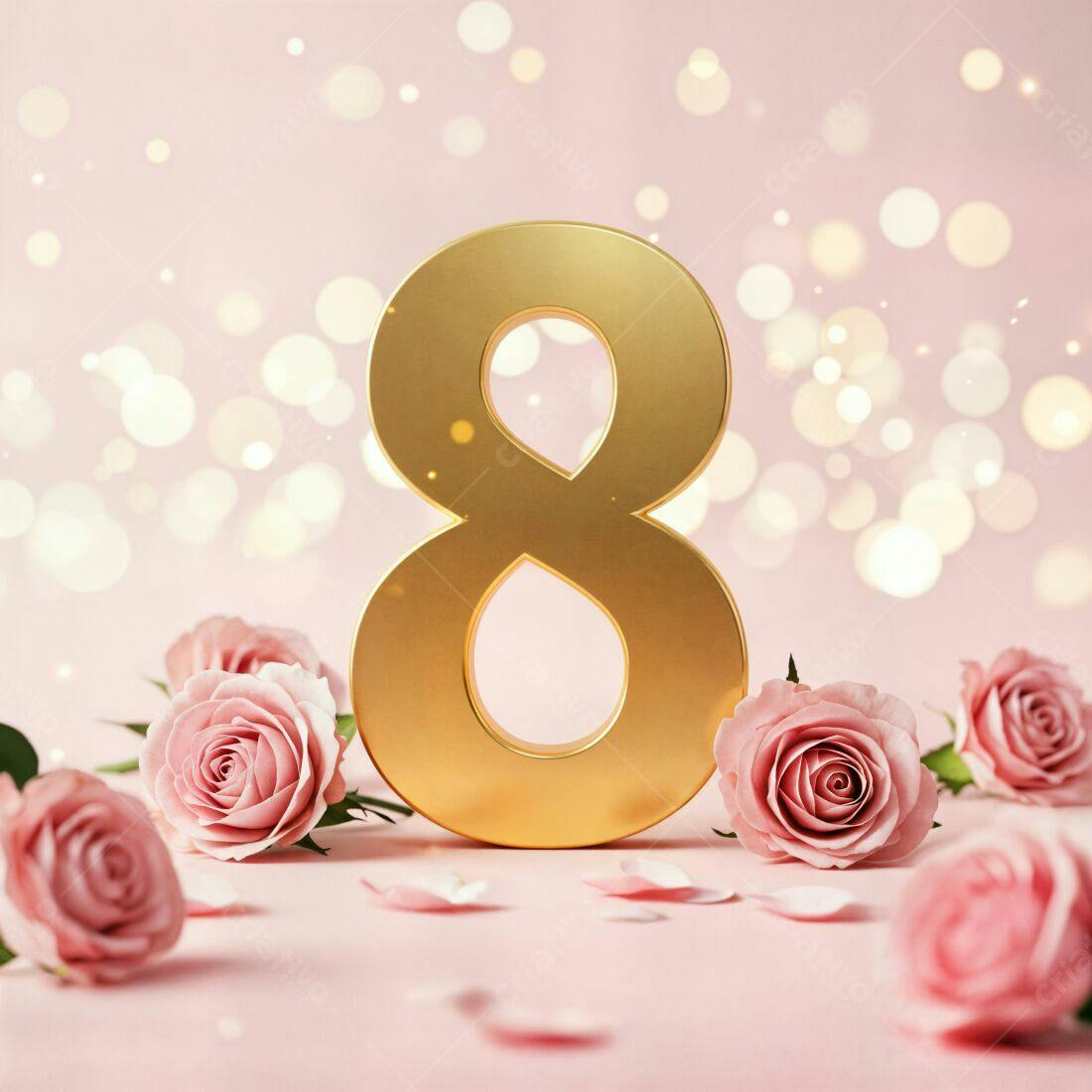Número 8 dourado com rosas cor-de-rosa