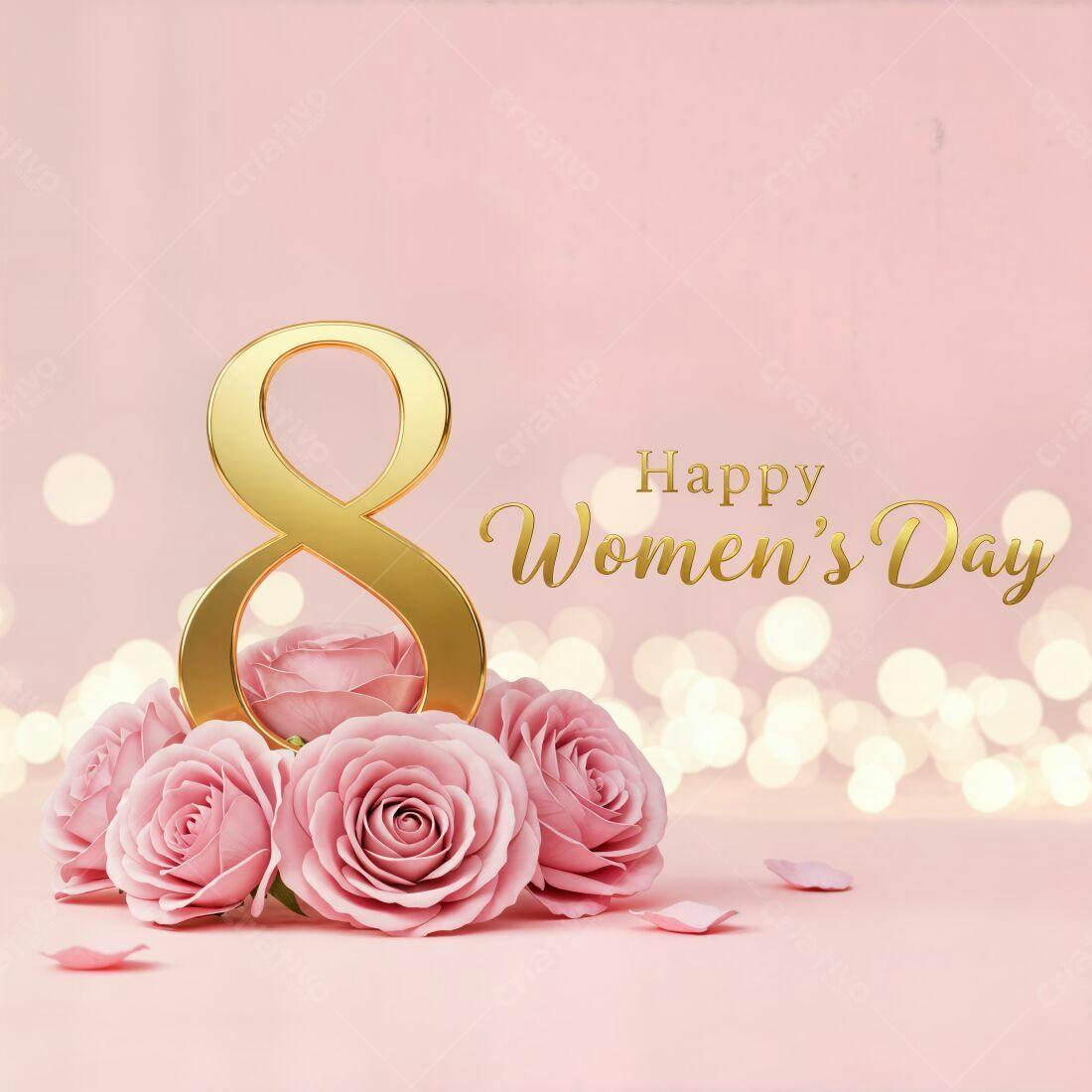 Número 8 dourado com rosas para o Dia Internacional da Mulher