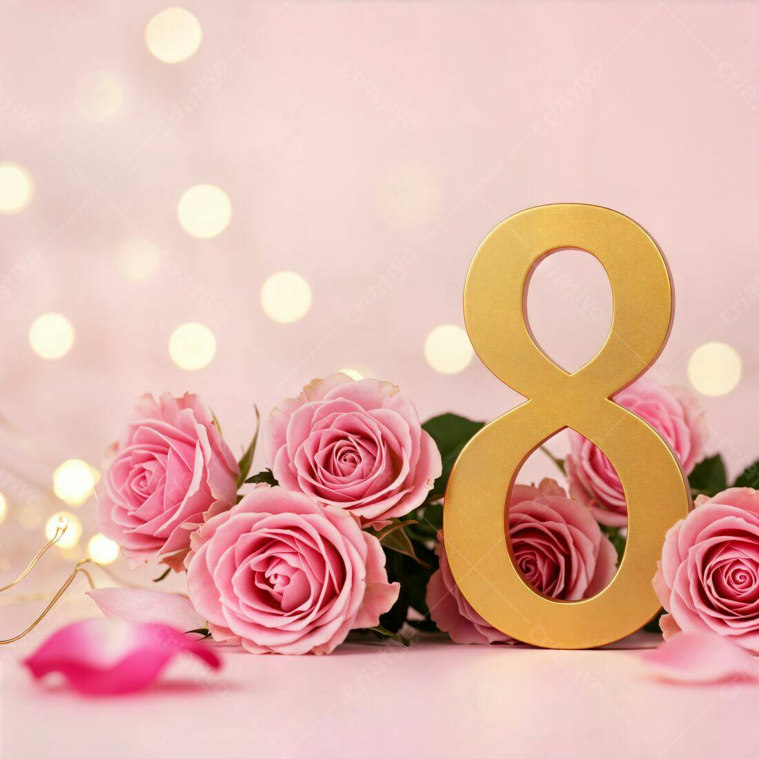 Número 8 dourado com rosas cor-de-rosa