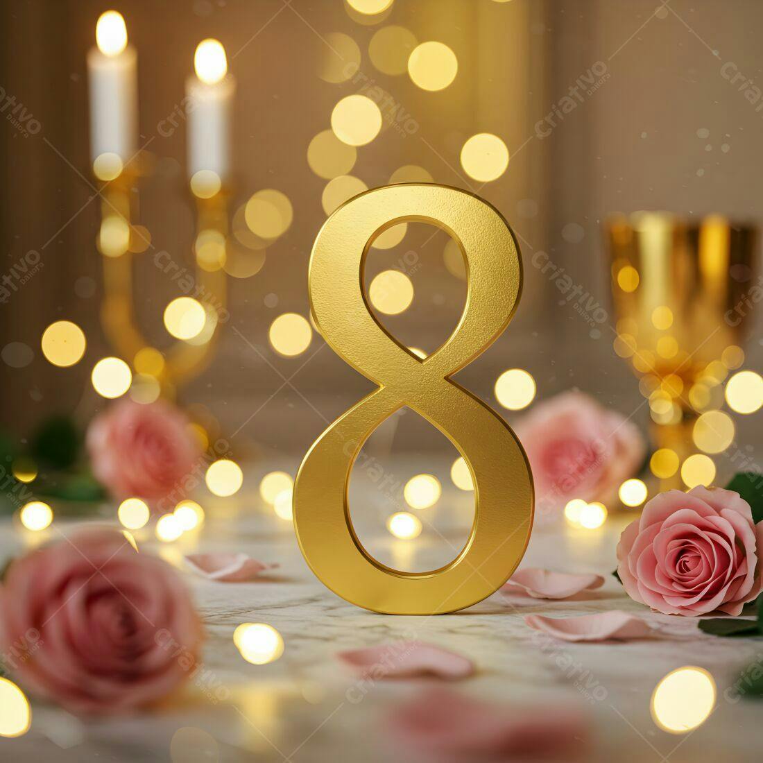 Número 8 dourado com rosas e luzes