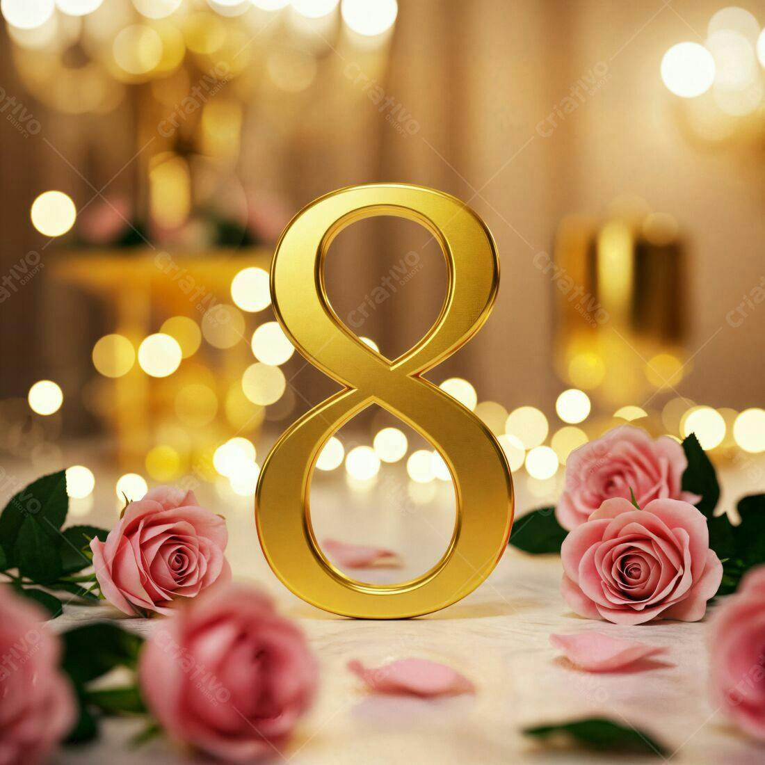Número 8 dourado com rosas rosa