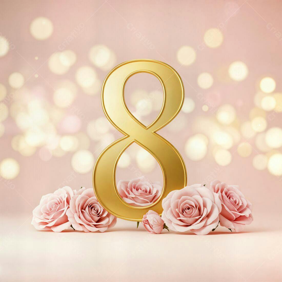 Número 8 dourado com rosas rosa Dia Internacional da Mulher