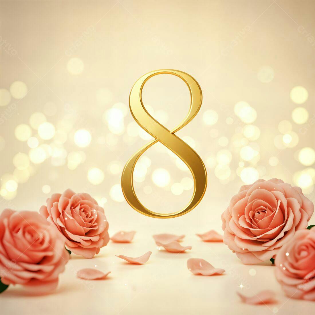 Número 8 dourado com rosas para o Dia Internacional da Mulher