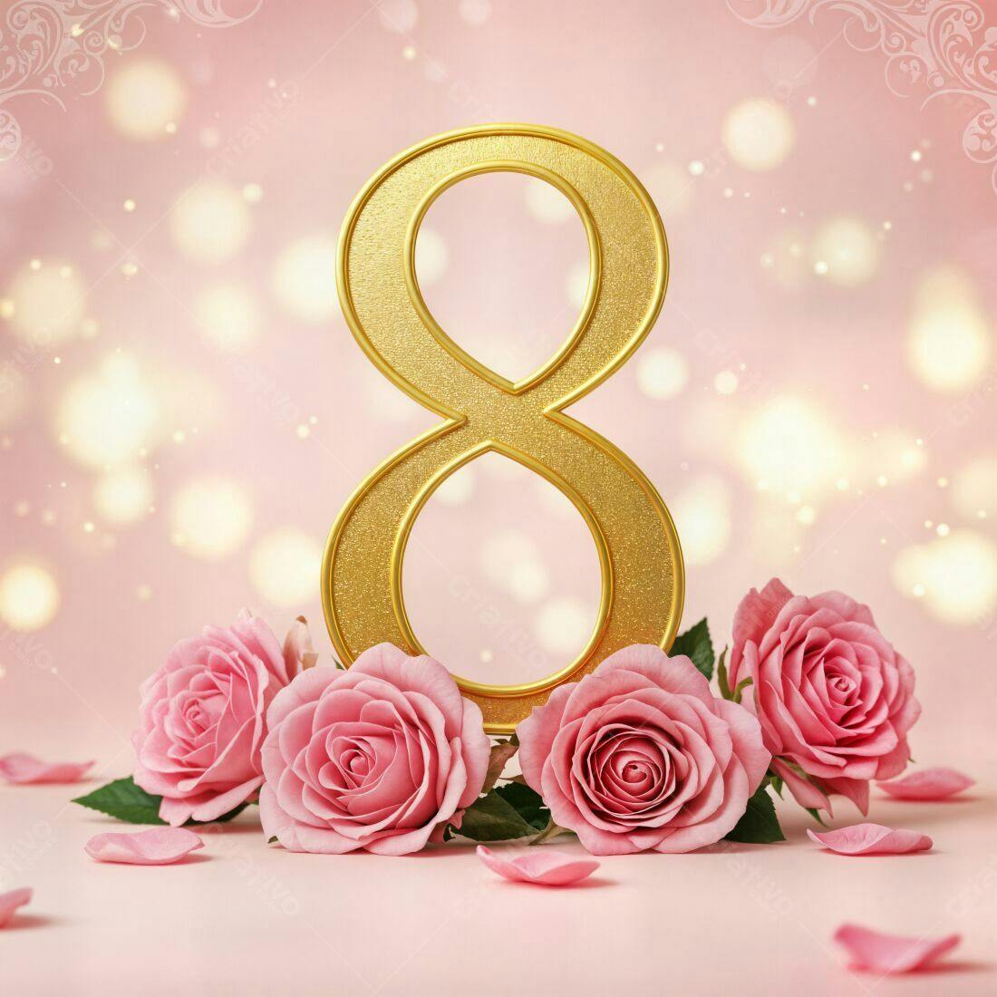 Número 8 dourado com rosas cor-de-rosa