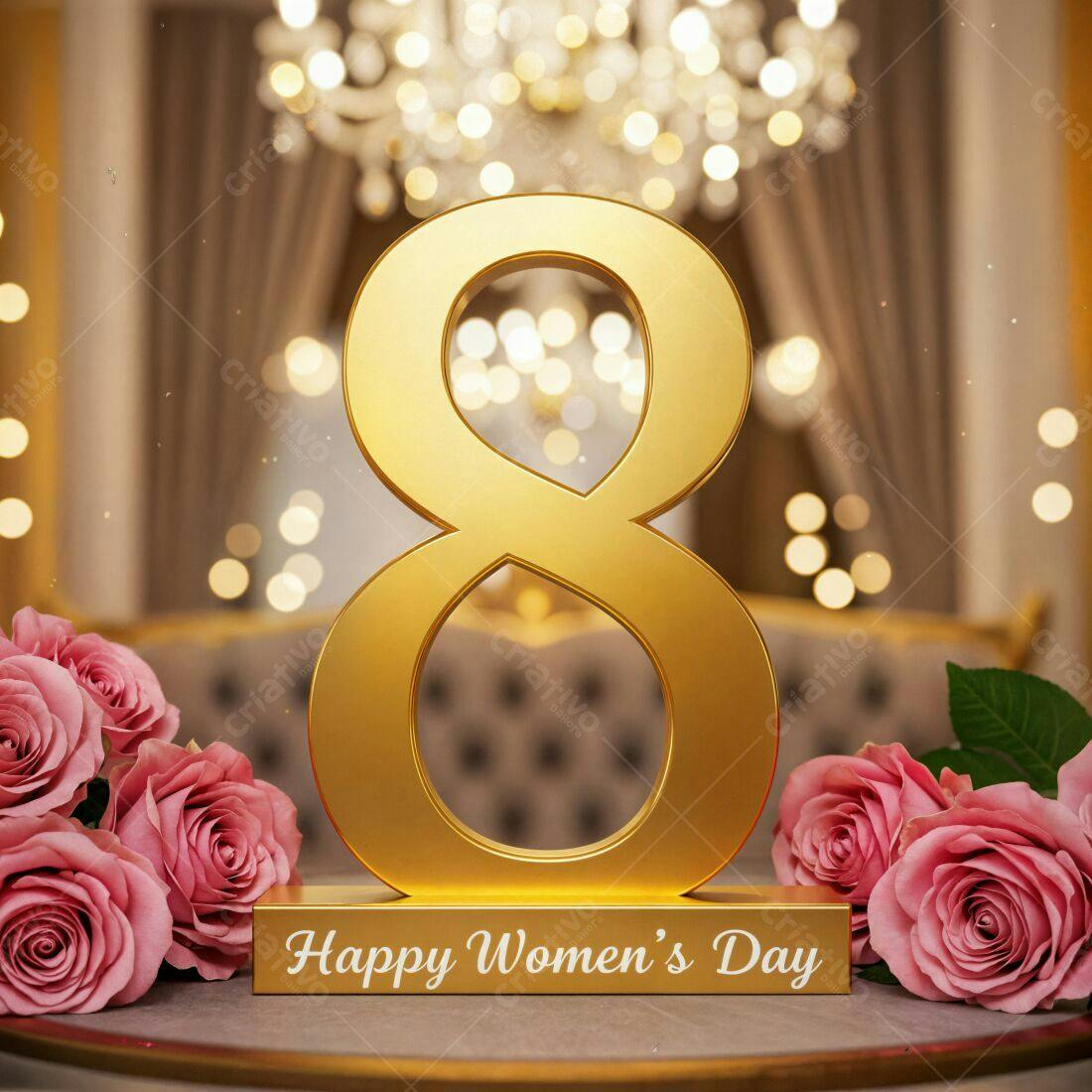 Número 8 dourado com rosas para Dia Internacional da Mulher