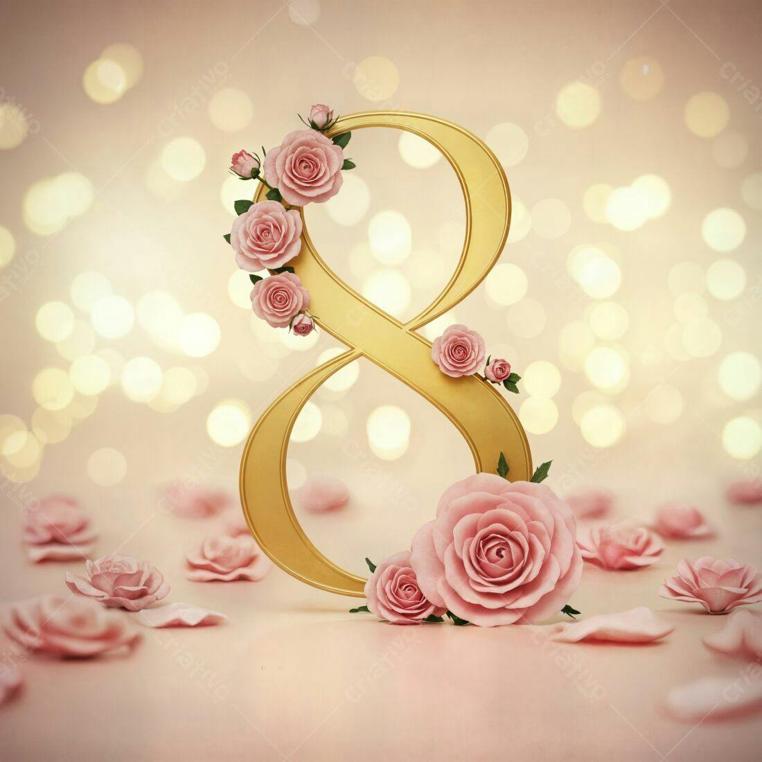 Número 8 dourado com rosas rosa Dia Internacional da Mulher