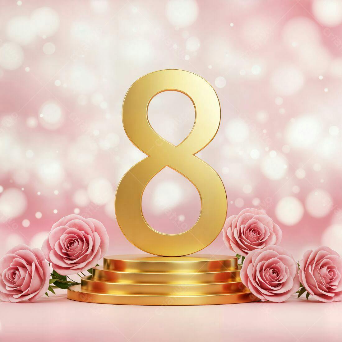 Número 8 dourado com rosas para o Dia Internacional da Mulher