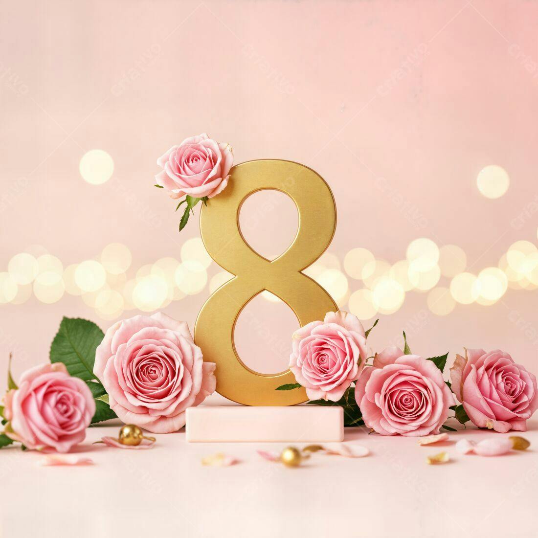 Número 8 dourado com rosas cor-de-rosa
