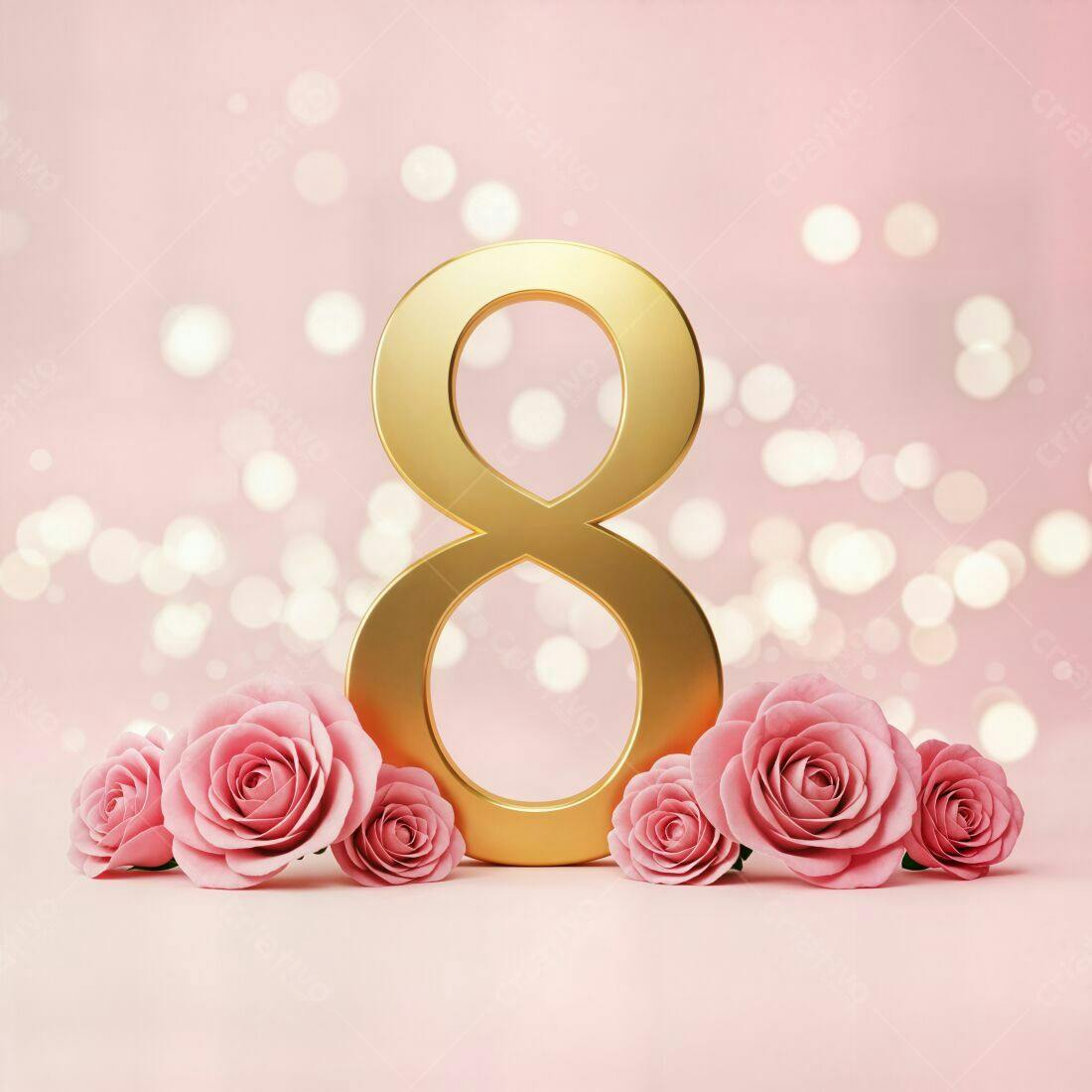Número 8 dourado com rosas rosa Dia Internacional da Mulher