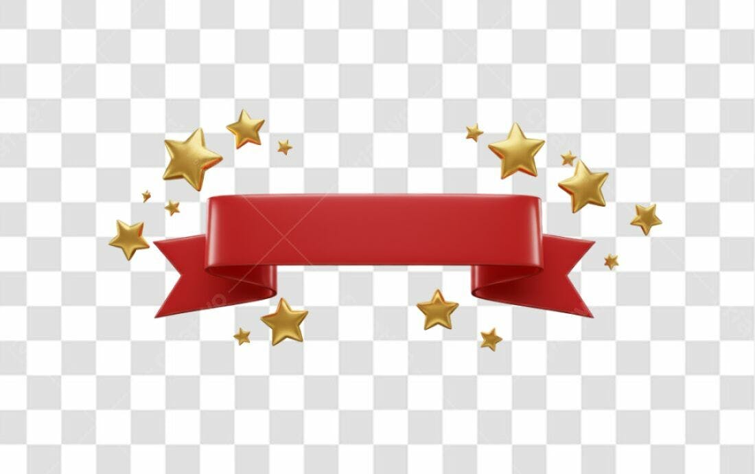 Banner com estrelas douradas e fita vermelha PNG com fundo transparente