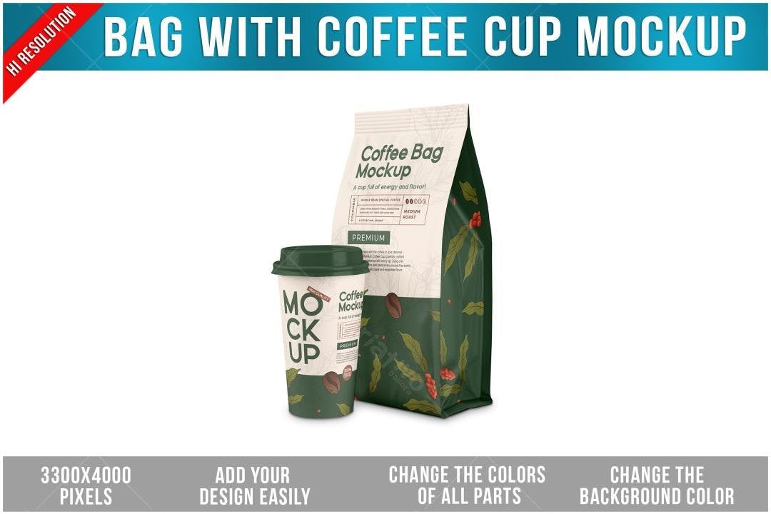Mockup Realista: Embalagem e Copo de Café - Verde e Bege
