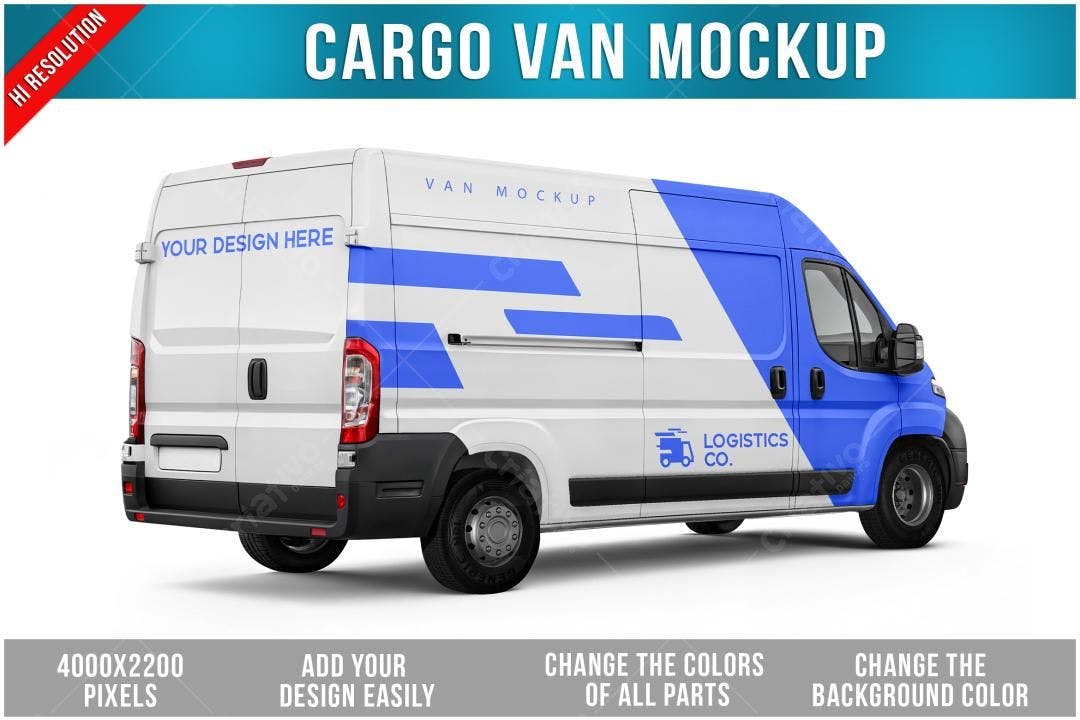 Mockup Realista de Van de Carga: Branco e Azul