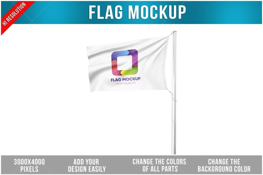 Mockup de Bandeira Realista com Logo Abstrata Colorida
