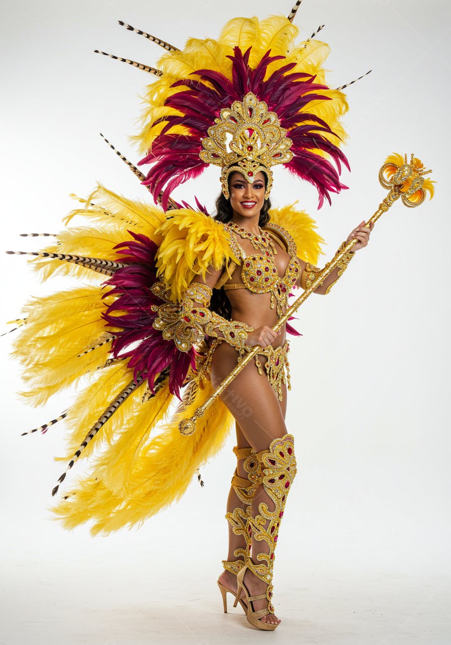 Bailarina em fantasia de Carnaval amarelo e bordô