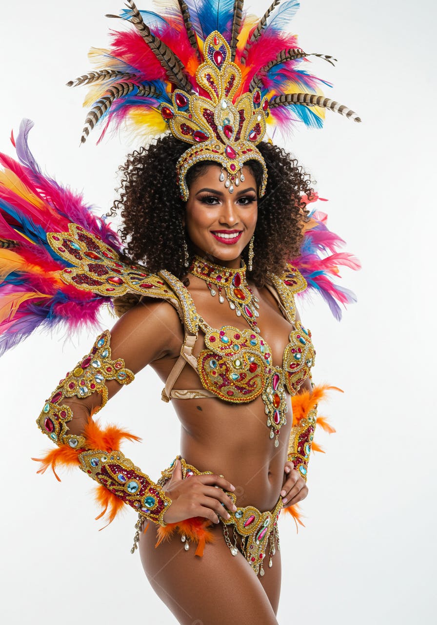 Passista brasileira com fantasia dourada e colorida